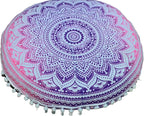 Round Mandala Floor Pillow Cover Seating Cushion Throw Ottoman Pouf Cover Pom Pom Pillow Cases Hippie Decorative Bohemian Boho Indian 22 Inches (Pink White)