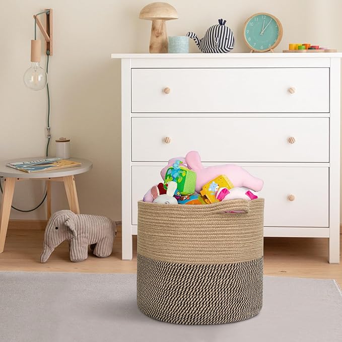 Large Wicker Storage Basket, 16" x 14" Woven Baskets for Storage, Blanket Storage for Living Room, Big Round Wicker Bin for Laundry, Pillows, Towels, Shoes, Dog Kids Toy Box, Home Decor