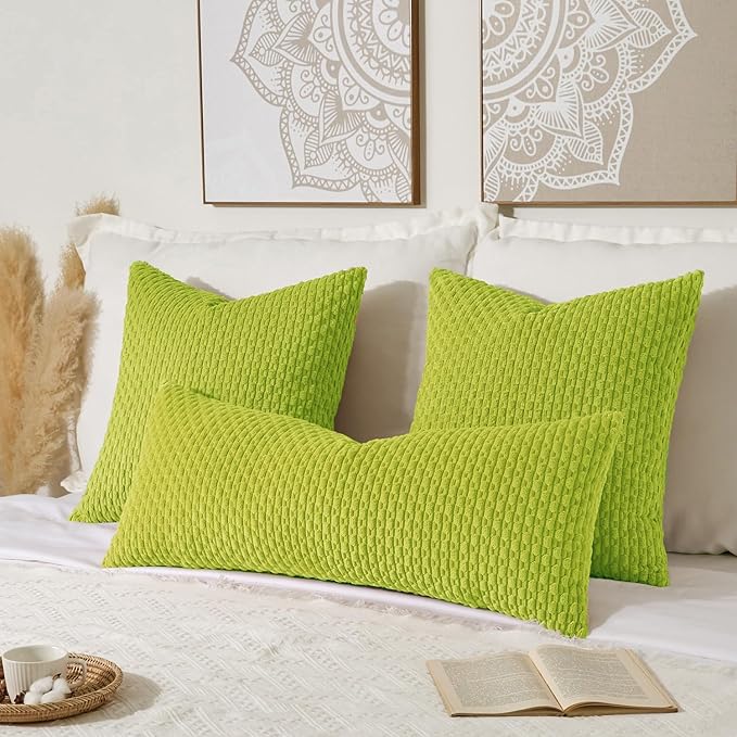 Kevin Textile 14x36 Inch Long Lumbar 1 Pack Boho Decorative Throw Pillow Cover Soft Striped Corduroy Rectangle Cushion Case Farmhouse Accent for Living Room Couch Sofa Bed, Spring Green