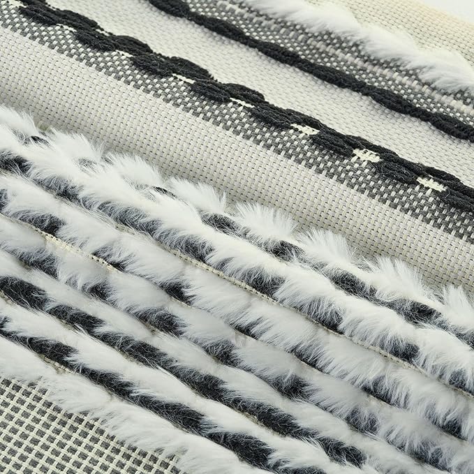FUTEI Black White Accent Throw Pillow Covers Set of 2, 12x20 Inch Plush Tufted Striped Textured Decorative Pillow Cases for Farmhouse Boho Couch Decor