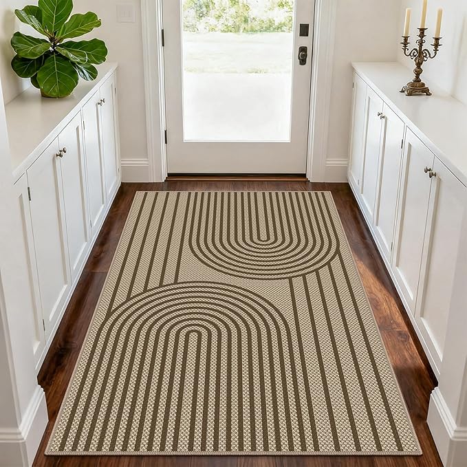 Outdoor Rug Easy Jute Rug 3x5 Entryway Porch Area Rug Indoor Foyer Outdoor Patio Door Mat Washable Non-Slip Low Pile Brown Rainbow Throw Carpet for Living Room Kitchen Bedroom Balcony Floor Mats