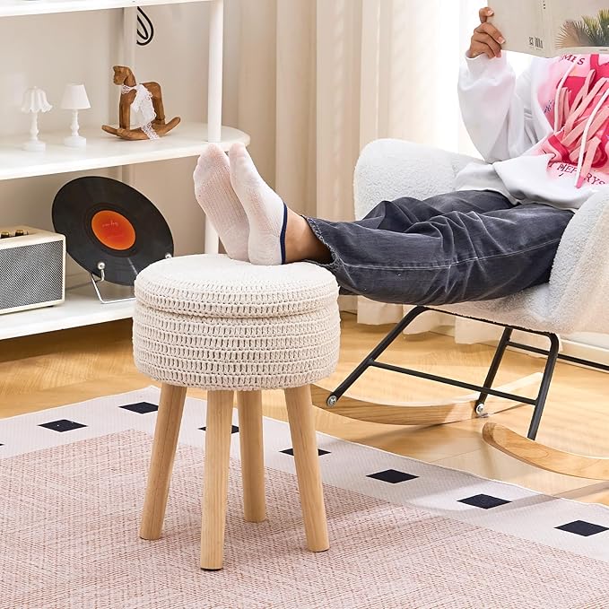Wimarsbon Pouf Ottoman, 100% Cotton Knitted Boho Footstool, Round Footrest with Non-Skid Wood Legs, Home Décor Handmade Pouffe, Leisure Floor Step Stool for Living Room (High Storage Beige)