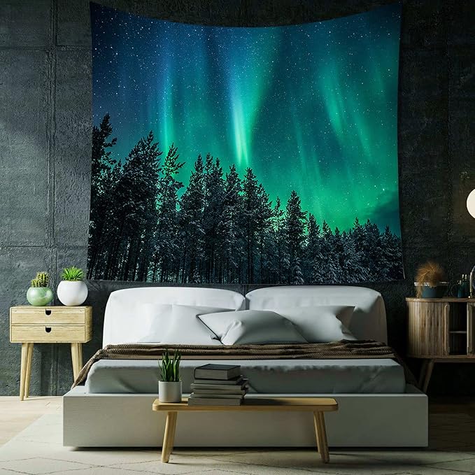 Atrippy Northern Lights Forest Wall Tapestry for Bedroom Living Room, Nature Starry Night Calming Aurora Borealis Wall Hanging, Winter Space Tapestry Ceiling Decor for Dorm Men 51"X60"