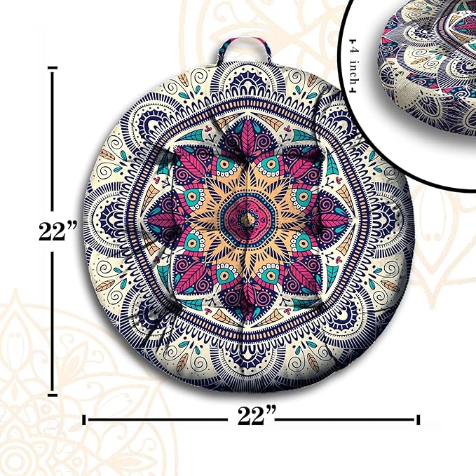 Mandala Meditation Cushion, Boho Meditation Mat, Meditation Pillows for Sitting on Floor, Cushions for Sitting in Home and Outdoor, Round Floor Pillows Cushion Seating for Yoga Accessories 22'' X 22''