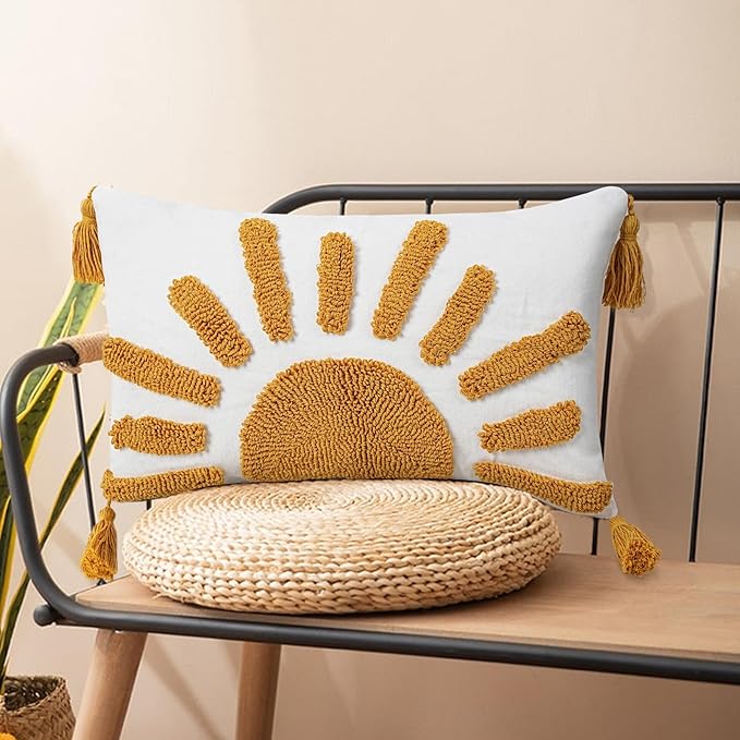 Adabana Boho Decorative Throw Pillow Covers 12x20 Lumbar Tufted Yellow Sun Sunshine Pillow Cover for Couch Bedroom Living Room Bed Sofa