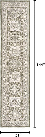 Rugs.com Outdoor Aztec Collection Rug – 12 Ft Runner Green Flatweave Rug Perfect for Hallways, Entryways