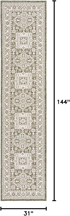 Rugs.com Outdoor Aztec Collection Rug – 12 Ft Runner Green Flatweave Rug Perfect for Hallways, Entryways