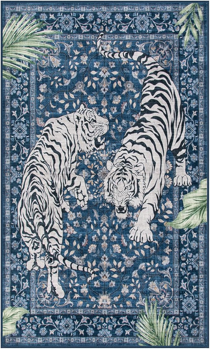 Moynesa Tiger Machine Washable Rug, 3x5 Entry Area Rug Non Slip Vintage Soft Rug for Living Room, Ultra Thin Boho Stain Resistant Kitchen Throw Mat for Entrance Bedside, Blue