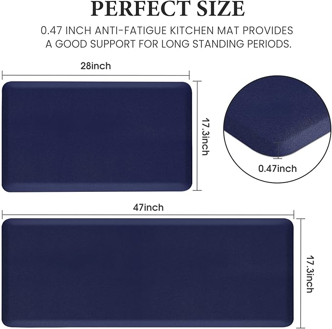 HappyTrends 2 PCS Kitchen Mat Cushioned Anti-Fatigue Floor Mat, Heavy Duty Ergonomic Comfort Foam Standing Mat, Waterproof Non-Slip Kitchen Rugs for Home, Office(17.3"x28"+17.3"x47",Navy)