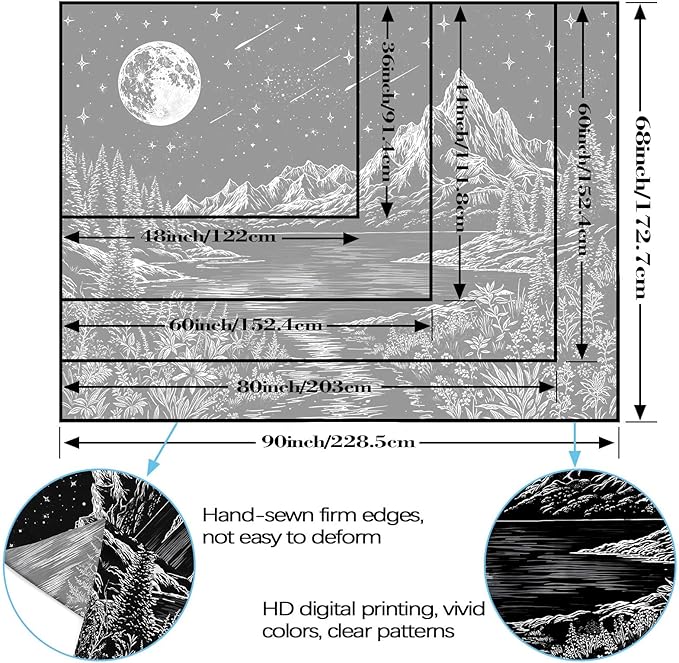 Zussun Black and White Mountain Forest Tapestry for Bedroom Aesthetic Dark Nature Lake Landscape Tapestries Wall Hanging Moon and Stars Wall Tapestry for Living Room Dorm 60 × 44 Inch