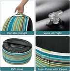 Outdoor/Indoor Inflatable Ottoman Pouf D20 xH9, All Weather Round Footstool with Foot Pump, Water Repellent Portable Footrest with Handle for Patio Garden Camping Travel-Green Stripe