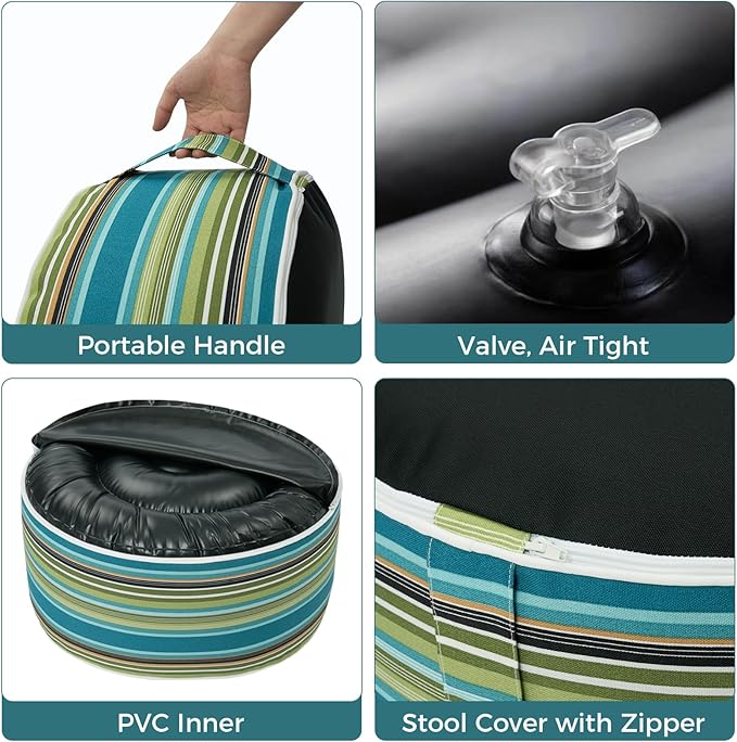 Outdoor/Indoor Inflatable Ottoman Pouf D20 xH9, All Weather Round Footstool with Foot Pump, Water Repellent Portable Footrest with Handle for Patio Garden Camping Travel-Green Stripe