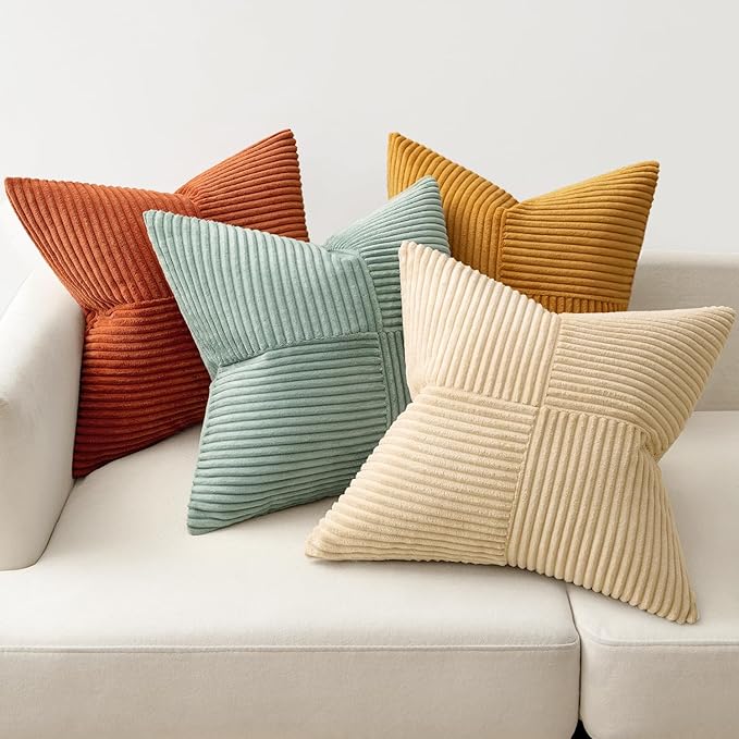 MIULEE Teal Orange Decorative Throw Pillow Covers 18x18 Inch Set of 4 Boho Corduroy Striped Cushion Cases Modern Farmhouse Patchwork Pillow Cases for Couch Sofa Bedroom Home Decor