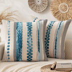 ANRODUO Pack of 2 Boho Decorative Throw Pillow Covers 18x18 Farmhouse Cushion Case Striped Chenille Pillow Cases Square Pillow Covers Accent Neutral Pillowcase for Sofa Couch Bed, Sky Blue Stripe 3
