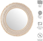 Jade Round Boho Wall Mirror with Natural Rattan Frame and Handwoven Macrame Fringe – Hanging Accent Mirror for Bathroom, Bedroom, or Nursery