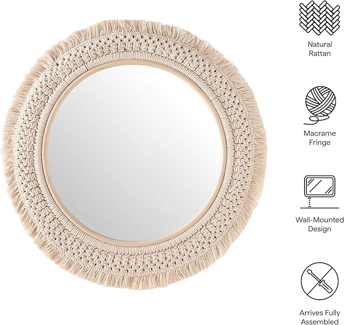 Jade Round Boho Wall Mirror with Natural Rattan Frame and Handwoven Macrame Fringe – Hanging Accent Mirror for Bathroom, Bedroom, or Nursery