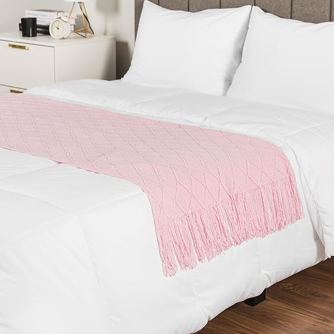 PAVILIA Light Pink Knit Throw Blanket for Couch Bed, Soft Knitted Farmhouse Sofa Throw for Living Room, Lightweight Decorative Summer Throw Blanket for Chair, Outdoor Textured Boho Blanket, 50x60
