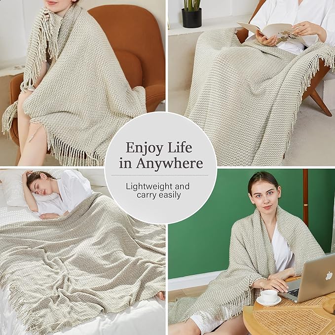 Blagic Grey and White Knit Throw Blanket with Tassel| Home Decor Blanket| Holiday Throw| Wrap Shawl Scarf, Lightweight Soft Cozy Warm Fluffy, Wheat Textured, 50" W x 60" L