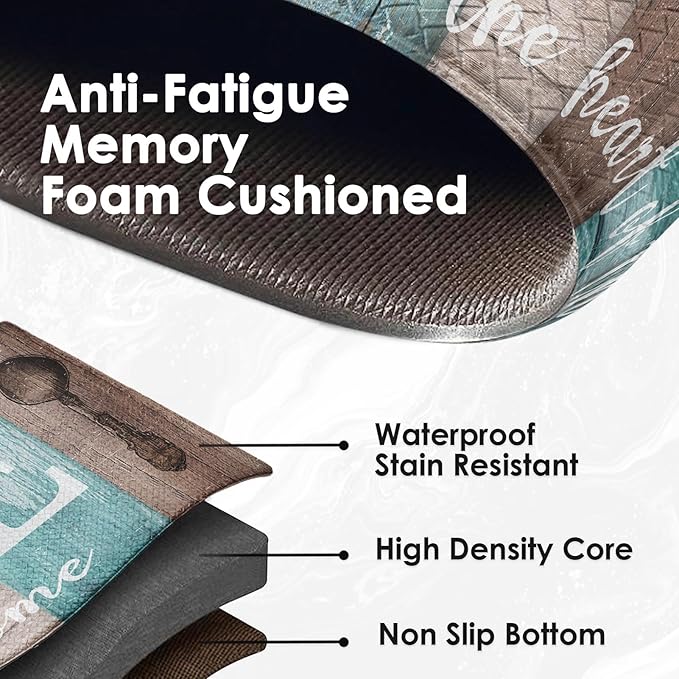 Arttown Farmhouse Anti-Fatigue Kitchen Rug Set of 2 Brown Teal Home Sweet Wood Vintage Cushioned Floor Standing Mat Waterproof Non-Slip Kitchen Mat and PVC Ergonomic Comfort Foam Rug