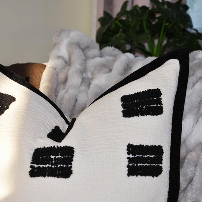 Tufted Decorative Boho Black and White Throw Pillow Cover, 18x18 inches, Soft and Luxurious Chenille Fabric, Elegant Design, Cushion Covers for Couch, Bedroom, Living Room, Home Decor