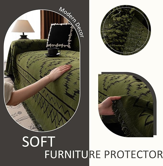 VClife Bohemian Green Couch Cover for Dog, Non Slip Sectional Sofa Covers Furniture Protector Washable Tribal Pattern Couch Covers for 3 Cushion Couch Sofa, Soft Pet Sofa Slip Cover, Green, 71"X134"
