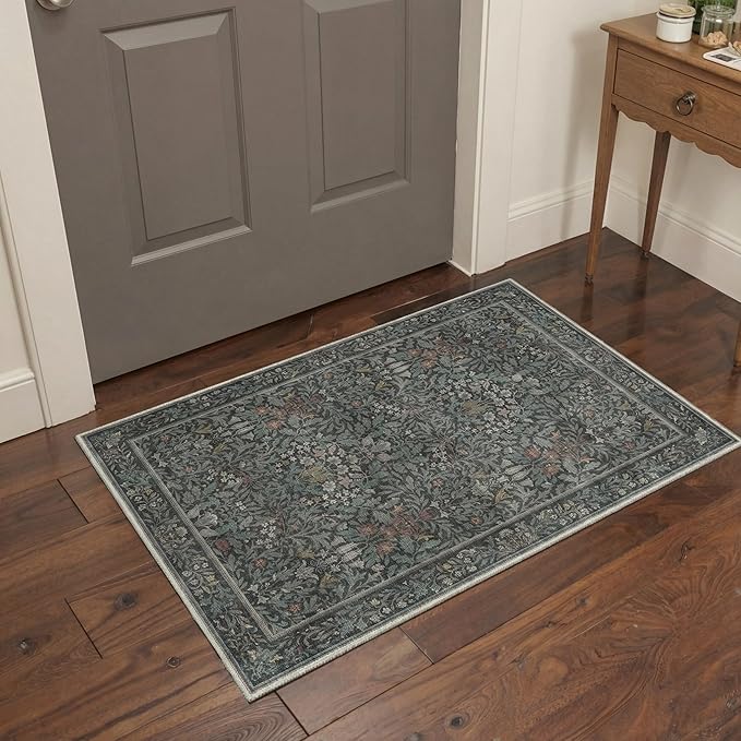 GENIMO 2x8 Runner Rug Non Slip Washable, Vintage Floral Kitchen Runner Rug, Low Pile Lightweight Hallway Runner for Laundry Room, Bathroom, Bedroom, Charccoal Green