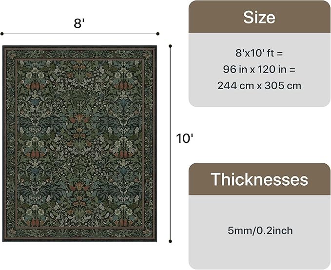 GENIMO 8x10 Washable Area Rug, Non-Slip Vintage Boho Floral Carpet, Large Area Rug for Living Room, Soft Low-Pile Thin Living Room Rug for Bedroom, Dining Room, Nursery, Dark Green