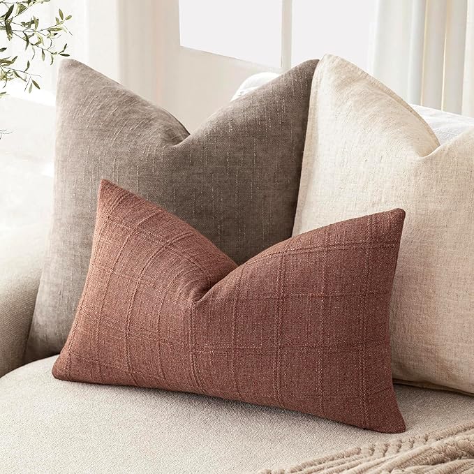 Foindtower Set of 2 Decorative Linen Check Throw Pillow Covers Neutral Farmhouse Lumbar Cushion Covers Modern Boho Home Decor for Sofa Chair Couch Bedroom Living Room,12×20 Inch,Autumnal Red