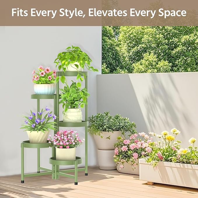 LASZOLA 5 Tiered Plant Stand Indoor Outdoor with Plastic Tray, Corner Folding Tall Flower Display Rack, Modern Plant Holder Shelf for Outdoor Patio Porch Garden Office Living Room, Green