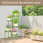 LASZOLA 5 Tiered Plant Stand Indoor Outdoor with Plastic Tray, Corner Folding Tall Flower Display Rack, Modern Plant Holder Shelf for Outdoor Patio Porch Garden Office Living Room, Green