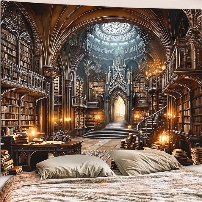 Accnicc Gothic Library Tapestry Medieval Bookshelf Tapestries Wall Hanging Goth Vintage Dark Academia Hall Library Backdrop Extra Large Tapestry for Bedroom Living Room Dorm Classroom 90 x 68 inch