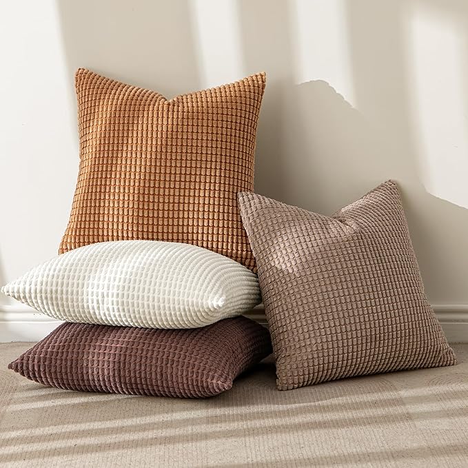 MIULEE Modern Farmhouse Decorative Lumbar Pillow Covers 18x18 Inch Set of 4 Natural Rustic Throw Pillows Neutral Warm Soft Corduroy Couch Pillowcases Home Decor for Sofa Living Room Bed Brown