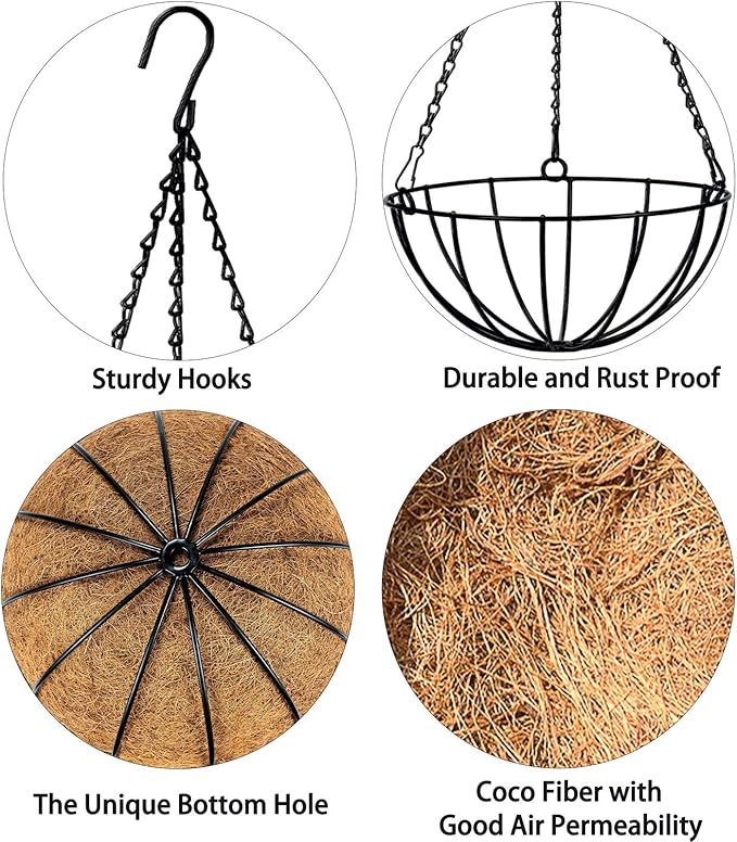 Kingbuy 8" Metal Hanging Plant Baskets with Coconut Liner (2 Pack) - Farmhouse Wire Planters Flower Pots for Plants Ferns Indoor Outdoor Balcony Patio Garden Decoration