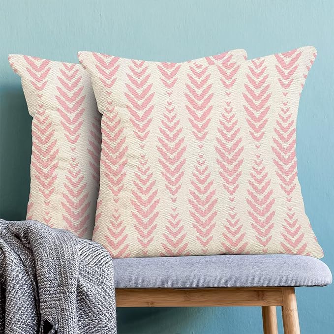 BETGINY Boho Pillow Covers 20 x 20 Inch Pack of 2, Pink Bohemian Ethnic Herringbone Pattern Decorative Throw Pillow Covers Vintage Linen Farmhouse Outdoor Pillowcase for Bedroom Home Sofa Decor
