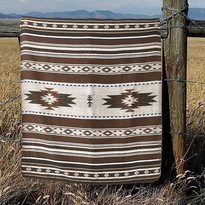 Aztec Patterned Throw Blanket with Soft Sherpa Lining, Traditional Southwestern Navajo Tribal Style Warm Throw for Camping, Outdoor, Light Weight Cozy Boho Blanket for Couch, Sofa, Bed, 60"x80", Brown