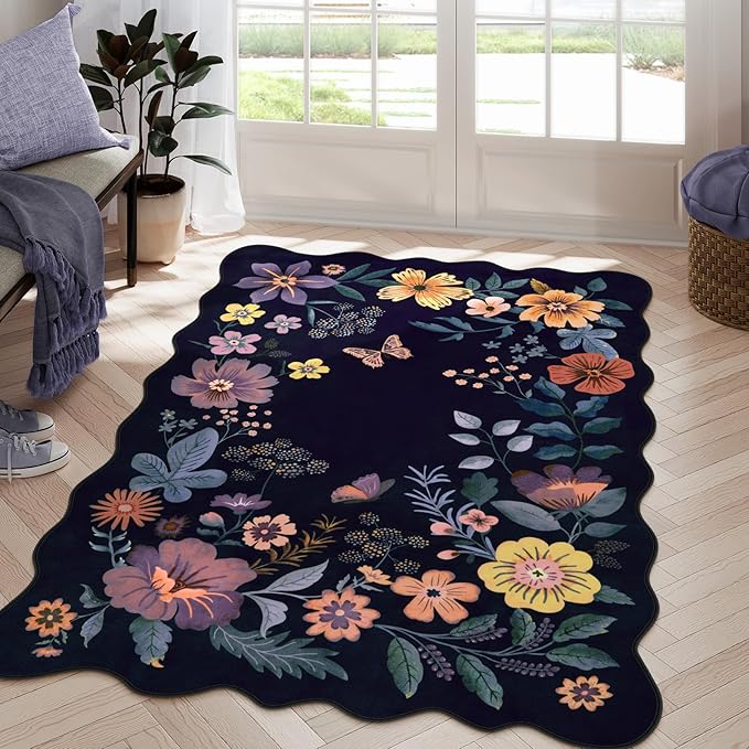 Lahome Floral Washable Rugs for Bedroom, 4X6 Area Rug Ultra-Thin Soft Living Room Rug, Non-Slip Classroom Rug Stain Resistant Boho Low-Pile Throw Carpet for ‎Office Flore (4x6ft,Purple)
