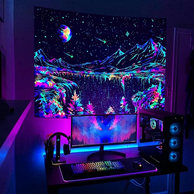 Zussun Blacklight Mountain Tapestry Starry Night Tapestries for Bedroom Aesthetic Moon and Stars Tapastry Wall Hanging Glow in The Dark Nature Forest Wall Tapestry for Living Room Dorm (60'' × 44'')