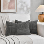 Fancy Homi 2 Packs Dark Gray Lumbar Decorative Throw Pillow Covers 14x24 Inch for Living Room Couch Bed Sofa, Farmhouse Home Decor, Soft Striped Corduroy Rectangle Accent Cushion Case 35x60 cm