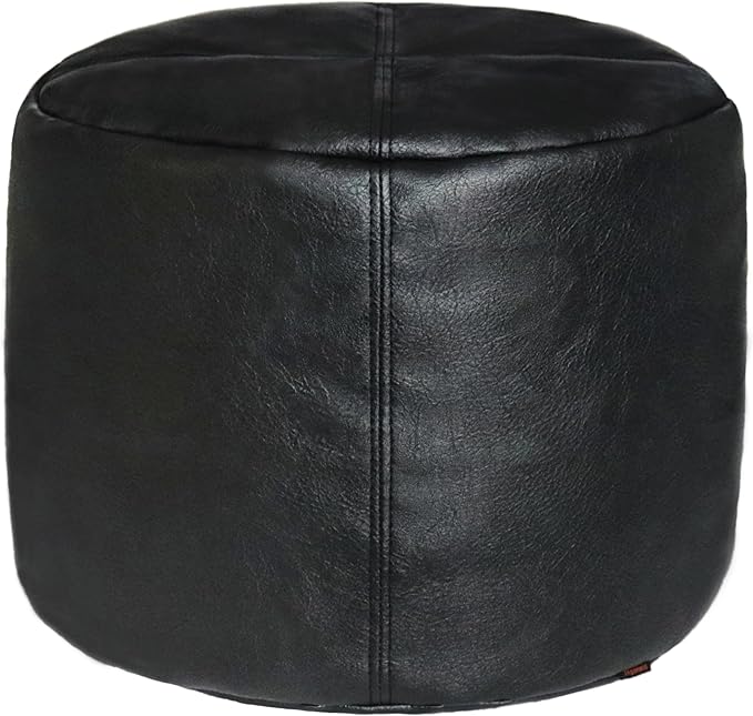 Thgonwid Unstuffed Faux Leather Pouf Cover, Handmade Footstool Ottoman Storage Solution, Floor Footrest Cushion - 16.5" Dx12 H, Pure Black