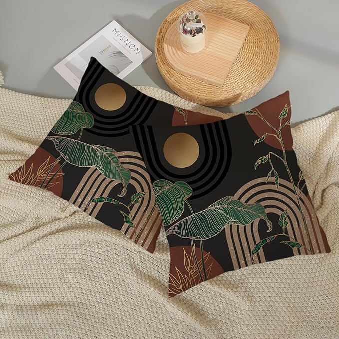 Boho Grey Rust Brown Pillow Covers 18x18 Set of 2 Gold Green Leaf Tropical Mid Century Throw Pillows Outdoor Bohemian Modern Decorative Pillowcase Farmhouse Cushion Case for Couch Sofa Decor