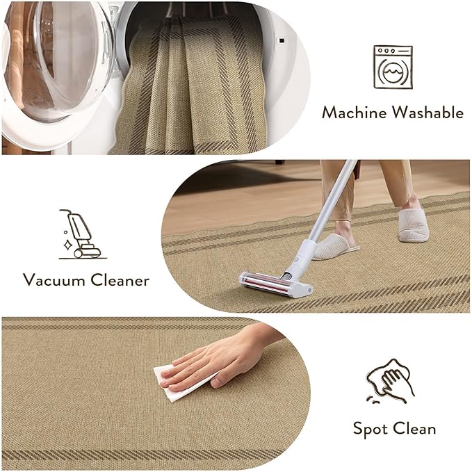 LIVEBOX Scalloped Washable 5x7 Rug, Easy Jute Tan Rugs for Living Room, Indoor Geometric Rug for Bedroom, Outdoor Farmhouse Non-Slip Rug Dining Room Mat Modern Carpet Area Rug for Patio Home Office