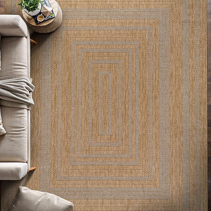 Beverly Rug Easy Jute Framed Border Rug 6x9 Washable Durable Indoor Outdoor Area Rugs for Living Dining Room Patio Office Stain Resistant Non Shedding Casual Indoor Outside Carpet 6 x 9 Natural