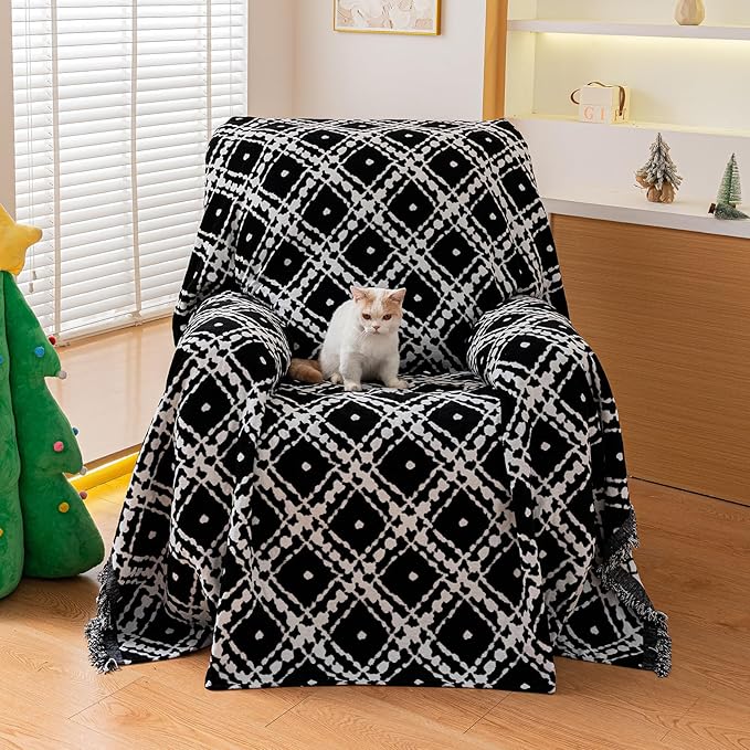 Reversible Couch Cover Blanket, Christmas Couch Covers, Chenille Sofa Cover Blanket, Christmas Sofas Covers Washable, 71"×71" Sofas Protector for Recliner & Chair (1PC, Black, Single Seater)