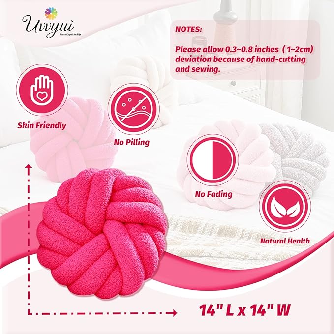 Uvvyui Knot Pillows, 14 Inch Decorative Throw Pillows Round Pillows Cushion, Soft Handmade Knotted Ball Pillow Plush Cushion Home Decor for Bed Couch Living Room (Rose Red, 14 Inch)