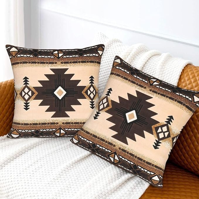 Western Aztec Throw Pillow Covers 16x16 Set of 2, Southwest Native American Brown Pillow Covers Outdoor Decorative Pillow Case for Couch Bed Sofa Cushion Home Decor