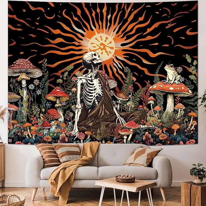 Amonercvita Skull Tapestry Vintage Mushroom Tapestries Aesthetic Sun Tapestry Floral Skeleton Wall Hanging Tapestries Jungle Plants Wall Decor for Bedroom
