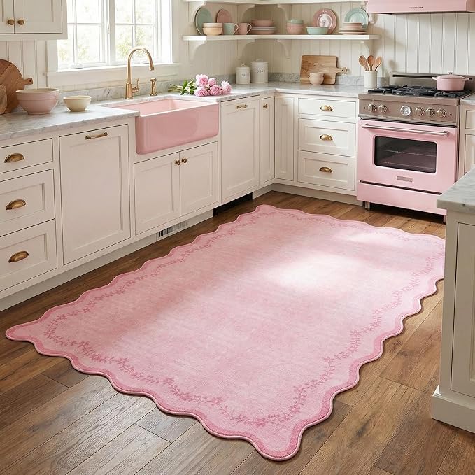 GarveeHome 3x5 Scalloped Washable Area Rug for Bedroom,Soft Solid Pink Entryway Rug Non Slip Low Pile Carpet Stain Resistant Throw Rug for Bedside Kids Room Office Dining Room