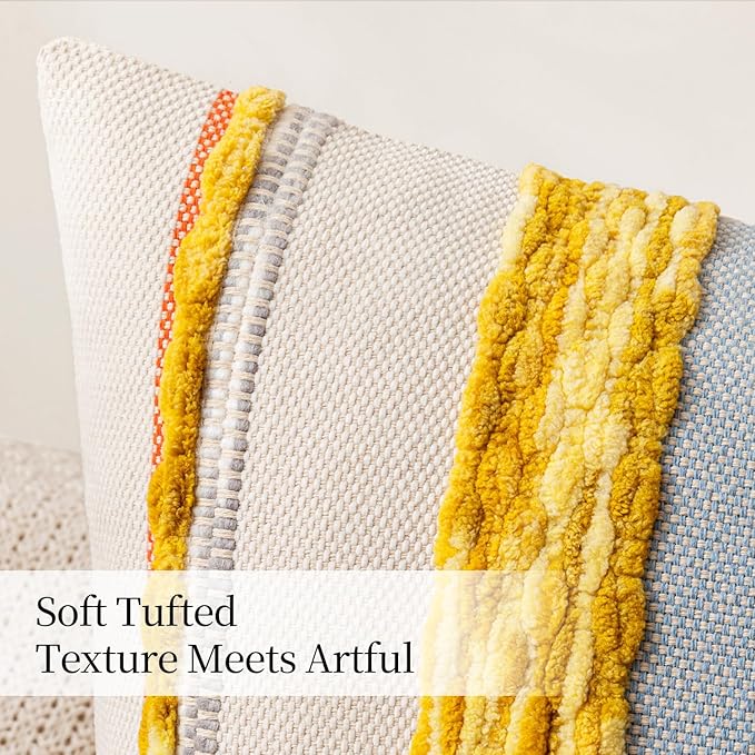ANRODUO Pack of 2 Boho Decorative Throw Pillow Covers 18x18 Farmhouse Cushion Case Striped Chenille Pillow Cases Square Pillow Covers Accent Neutral Pillowcase for Sofa Couch Bed, Yellow Stripe
