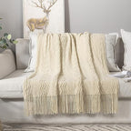 MIULEE Knitted Beige Throw Blanket Soft Sofa Knit Blanket for Couch 50 x 60 Inches, Solid Cozy Lightweight Wave Pattern Decorative Blankets with Tassels for Women, Kids