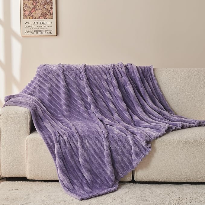 NEWCOSPLAY Super Soft Twin Blanket Lavender Premium Silky Flannel Fleece 3D Ribbed Jacquard Lightweight Bed Blanket All Season Use (Lavender Ribbed, Twin(60"x80"))